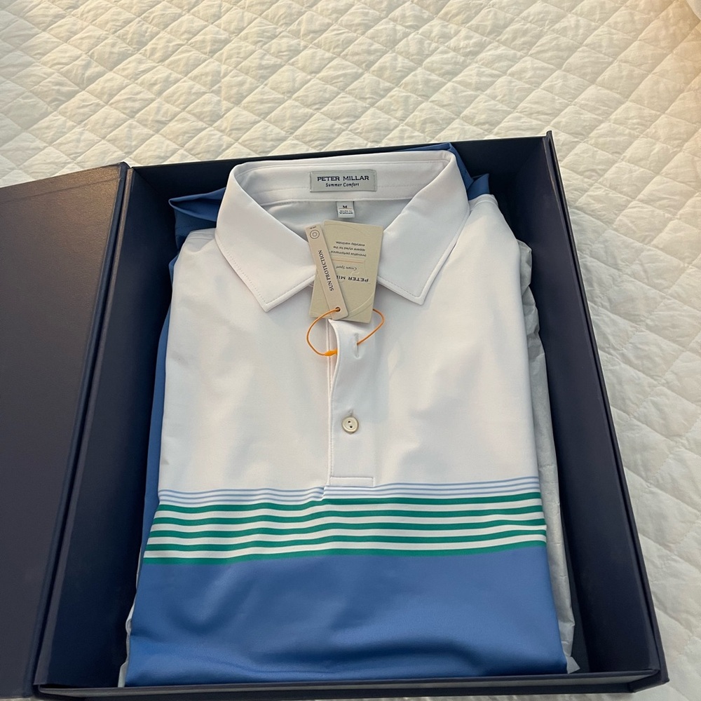 Peter Millar blue white w green stripes M NWT includes Box and tissue from store